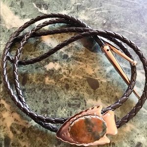 BOLO TIE NOT STERLING ANTIQUE PETRIFIED WOOD